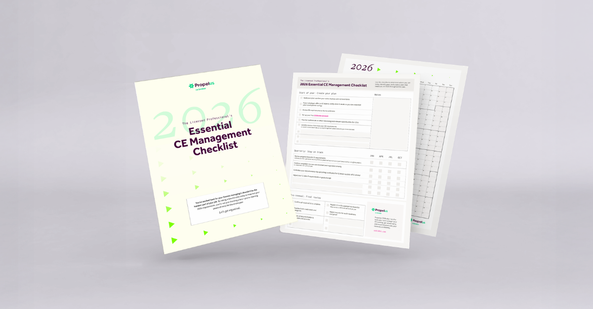 2026 Essential CE Management Checklist booklet mockup showing the cover and interior pages