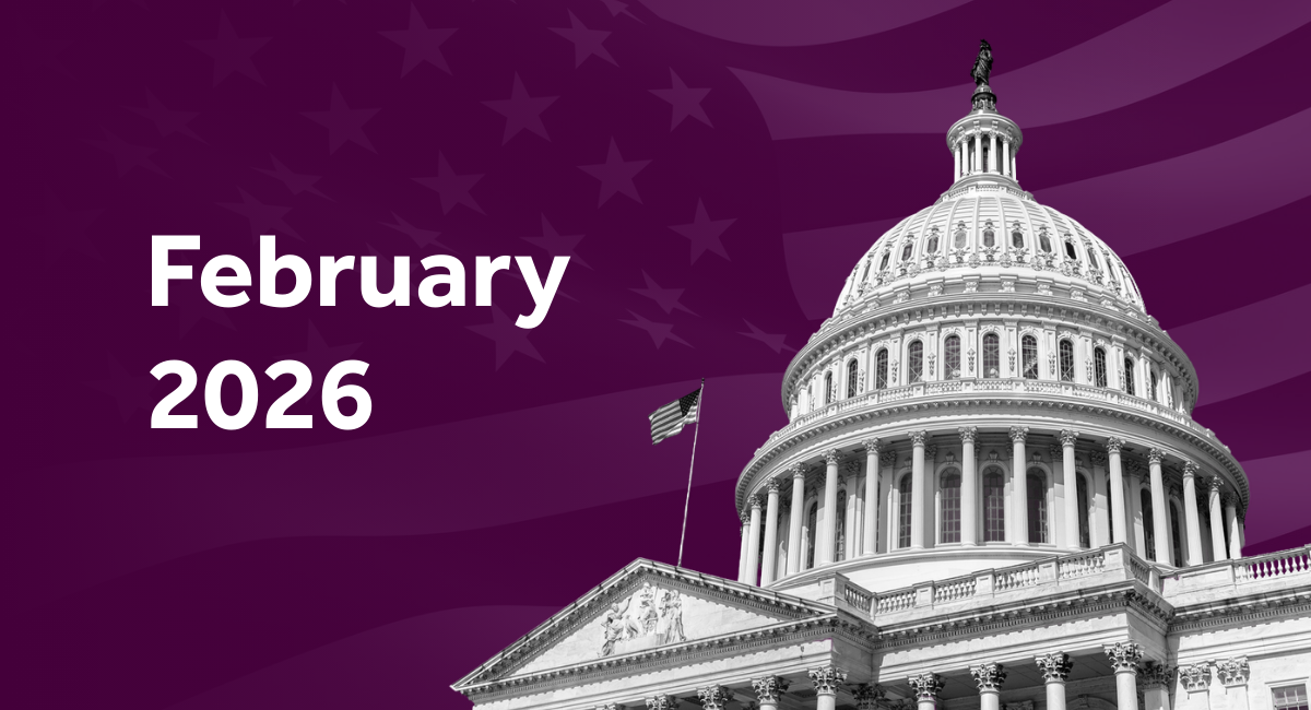 February 2026 government relations update — U.S. Capitol building against a purple background.