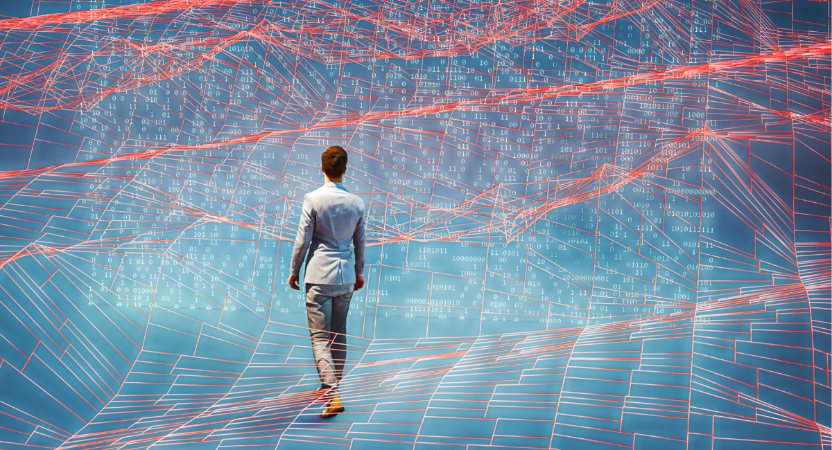 Healthcare professional walking through visualization of interconnected data networks with binary code, representing modern AI-driven fraud detection and compliance monitoring systems.