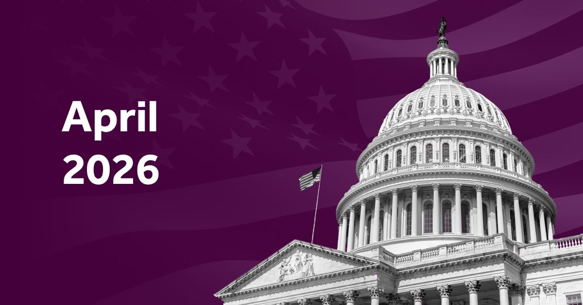 Capitol building with purple background and April 2026 text