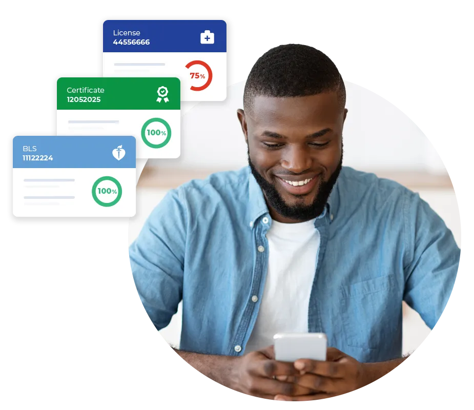 Man in light blue denim shirt smiling while looking at his smartphone, with floating credential cards showing a License at 75% completion, Certificate at 100% completion, and BLS certification at 100% completion