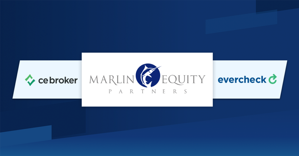 Marlin Equity Partners logo with C E Broker and EverCheck logo