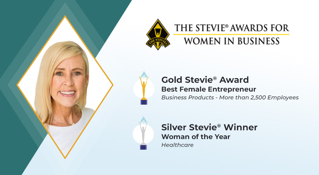Headshot of CEO Julie Walker, and two awards accompanied with award titles