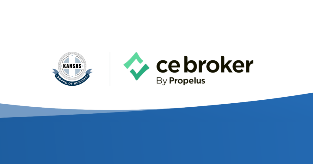 C E Broker by Propelus logo and the Kansas board of nursing logo