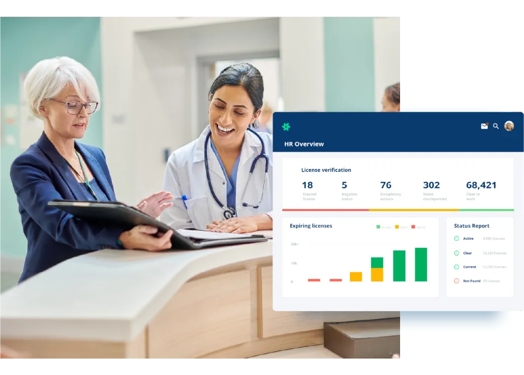 Doctor looking into the camera with a EverCheck profile next to her